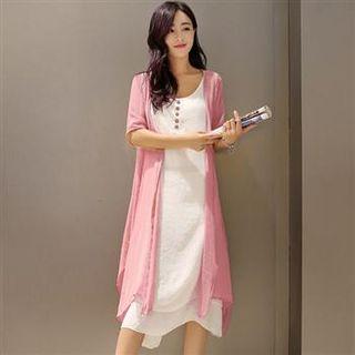 Set: Buttoned Tank Dress + Short-sleeve Long Cardigan