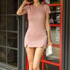 Short-sleeve Mini Knit Sheath Dress Pink - One Size