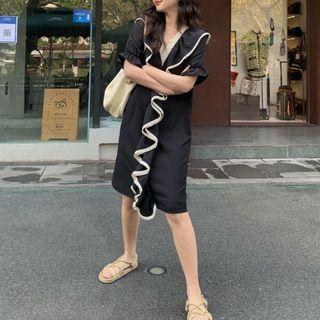 Short-sleeve Lace Trim Ruffle Smock Dress / Midi Dress