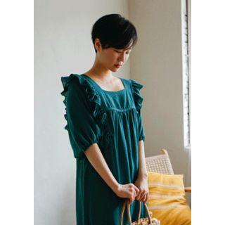 Square-neck Puff-sleeve Frilled Long Dress