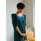 Square-neck Puff-sleeve Frilled Long Dress