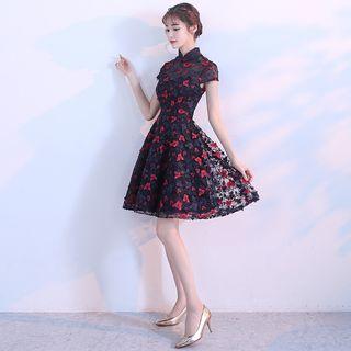 Butterfly Applique Lace Mandarin Collar Cocktail Dress