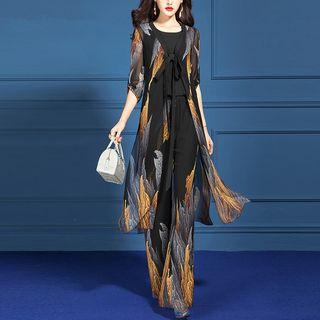 Set: Chiffon Tank Top + Long Light Jacket + Wide-leg Pants