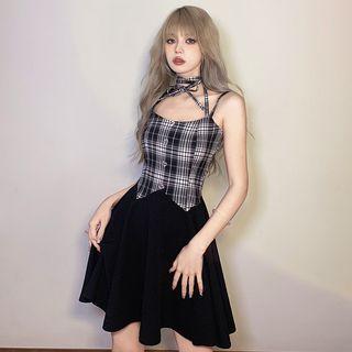 Spaghetti-strap Halter Neck Plaid Panel Mini A-line Dress