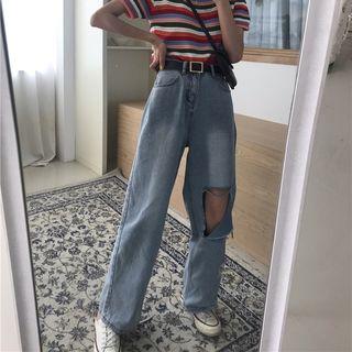Distressed Wide-leg Jeans / Striped Short-sleeve Knit Top