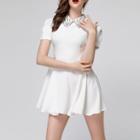 Short-sleeve Embellished Mini A-line Dress