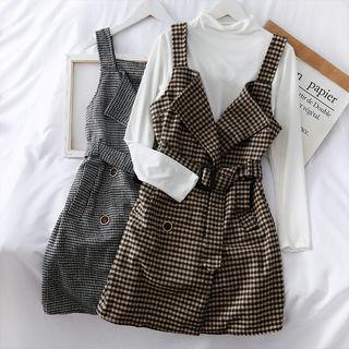 Houndstooth / Gingham Sleeveless Wool Dress With Belt