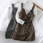 Houndstooth / Gingham Sleeveless Wool Dress With Belt