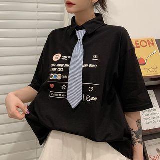 Printed Tie-neck Elbow-sleeve Polo Shirt