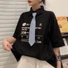 Printed Tie-neck Elbow-sleeve Polo Shirt