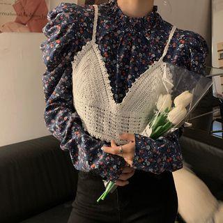 Puff-sleeve Floral Print Blouse / Lace Camisole Top