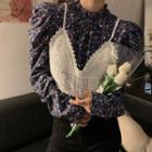 Puff-sleeve Floral Print Blouse / Lace Camisole Top