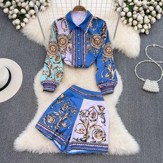 Set: Color Block Print Shirt + Wide Leg Shorts