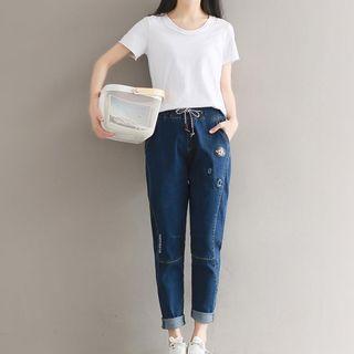 Slim-fit Drawstring Distressed Jeans