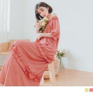 Short Sleeve Off-shoulder Plain Frill Trim Maxi A-line Dress