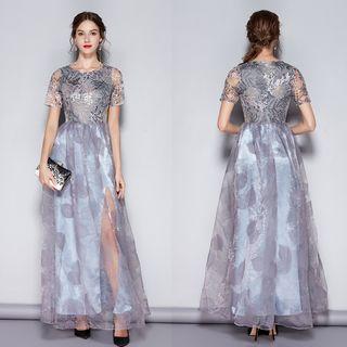 Short Sleeve Embroidered Panel Mesh Slit-side Evening Gown