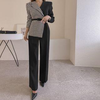 Houndstooth-panel Wide Jumpsuit With Belt