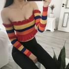 Off-shoulder Long-sleeve Striped Cropped Knit Top Stripe - Multicolor - One Size