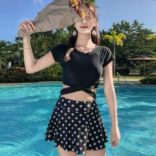 Set: Crisscross Short-sleeve Cropped Swim Top + Dotted Swim Skirt