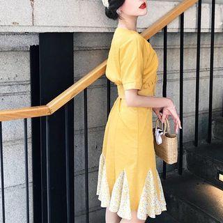 Short-sleeve V-neck Floral Panel A-line Dress