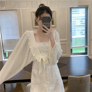 Spaghetti Lace A-line Midi Dress / Ruffled Light Jacket