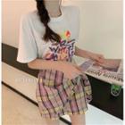 Set: Lettering Short-sleeve T-shirt + Plaid Mini Straight-fit Skirt