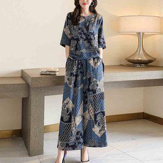 Set: Elbow-sleeve Print T-shirt + Cropped Wide Leg Pants