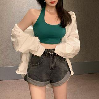 Halter Crop Tank Top / Lettering Shirt / Denim Shorts