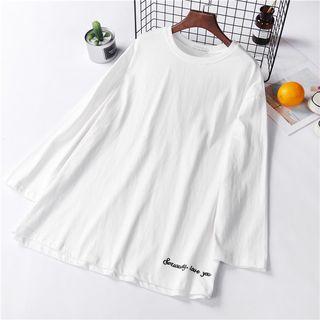 Long-sleeve Lettering Embroidered T-shirt White - One Size