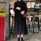 Polka Dot Long-sleeve Midi Chiffon Dress Black - One Size
