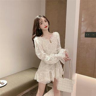 Balloon-sleeve Mini A-line Lace Dress
