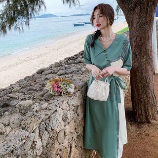 Short-sleeve Plaid Panel Midi Smock Dress