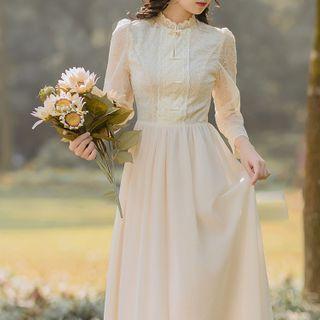 Lace Mock Neck A-line Midi Dress