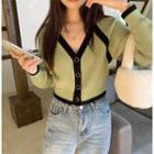 V-neck Contrast Trim Cropped Cardigan Green - One Size