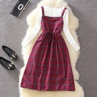 Set: Plain Long Sleeve Top + Plaid Pinafore Dress
