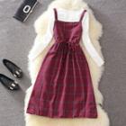 Set: Plain Long Sleeve Top + Plaid Pinafore Dress