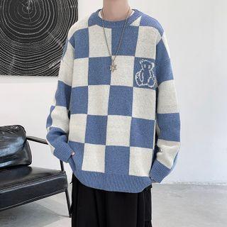 Bear Print Checkered Sweater