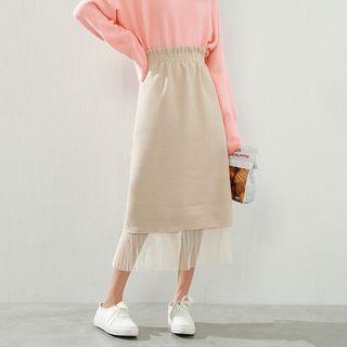Midi Mesh Panel A-line Knit Skirt