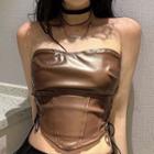 Lace-up Side Faux-leather Crop Top