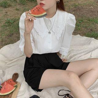 Ruffle Trim Elbow-sleeve Blouse / Plain Shorts