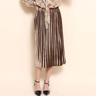 Accordion-pleat Velour Long Skirt