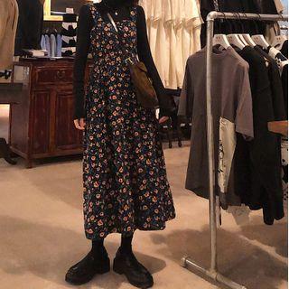 Long-sleeve Mock Neck Top / Floral Print Midi Pinafore Dress
