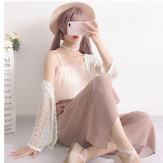 Sleeveless Frill Trim Chiffon Top / Spaghetti Strap Knit Top / Cropped Wide-leg Pants / 3/4-sleeve Light Jacket
