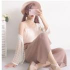 Sleeveless Frill Trim Chiffon Top / Spaghetti Strap Knit Top / Cropped Wide-leg Pants / 3/4-sleeve Light Jacket