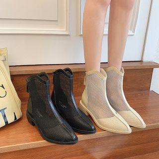 Block Heel Pointed Mesh Short Boots