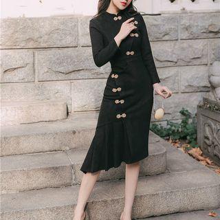 Frog Buttoned Long-sleeve Midi Sheath Dress