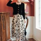 Set : Long-sleeve Petal Collar Plain Top + Print Mesh A-line Skirt