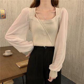 Puff-sleeve Lace Panel Plain Knit Top