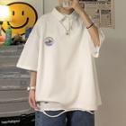 Print Oversized Short Sleeve Polo Shirt