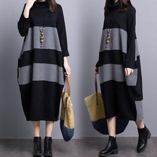 Long-sleeve Contrast Panel Midi Dress